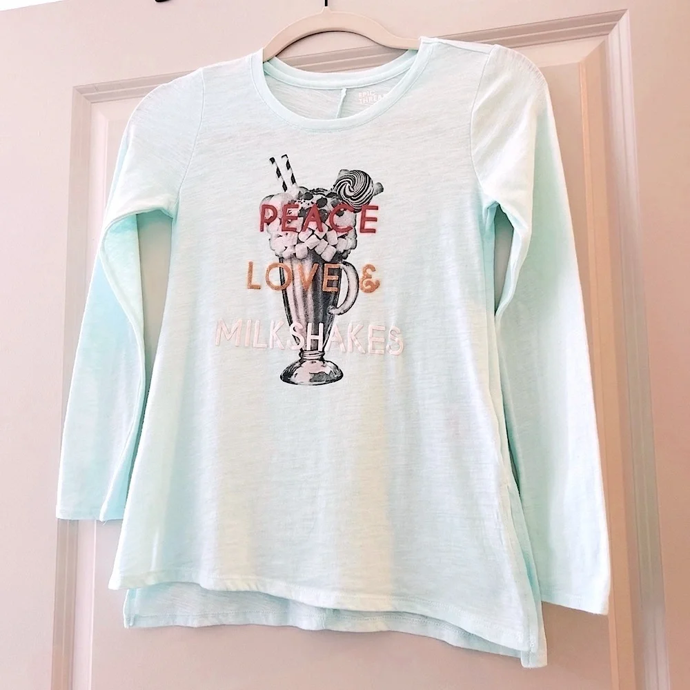 EPIC THREADS Girls Mint Green Tunic Tee Peace Love Milkshakes Long Sleeve Top M